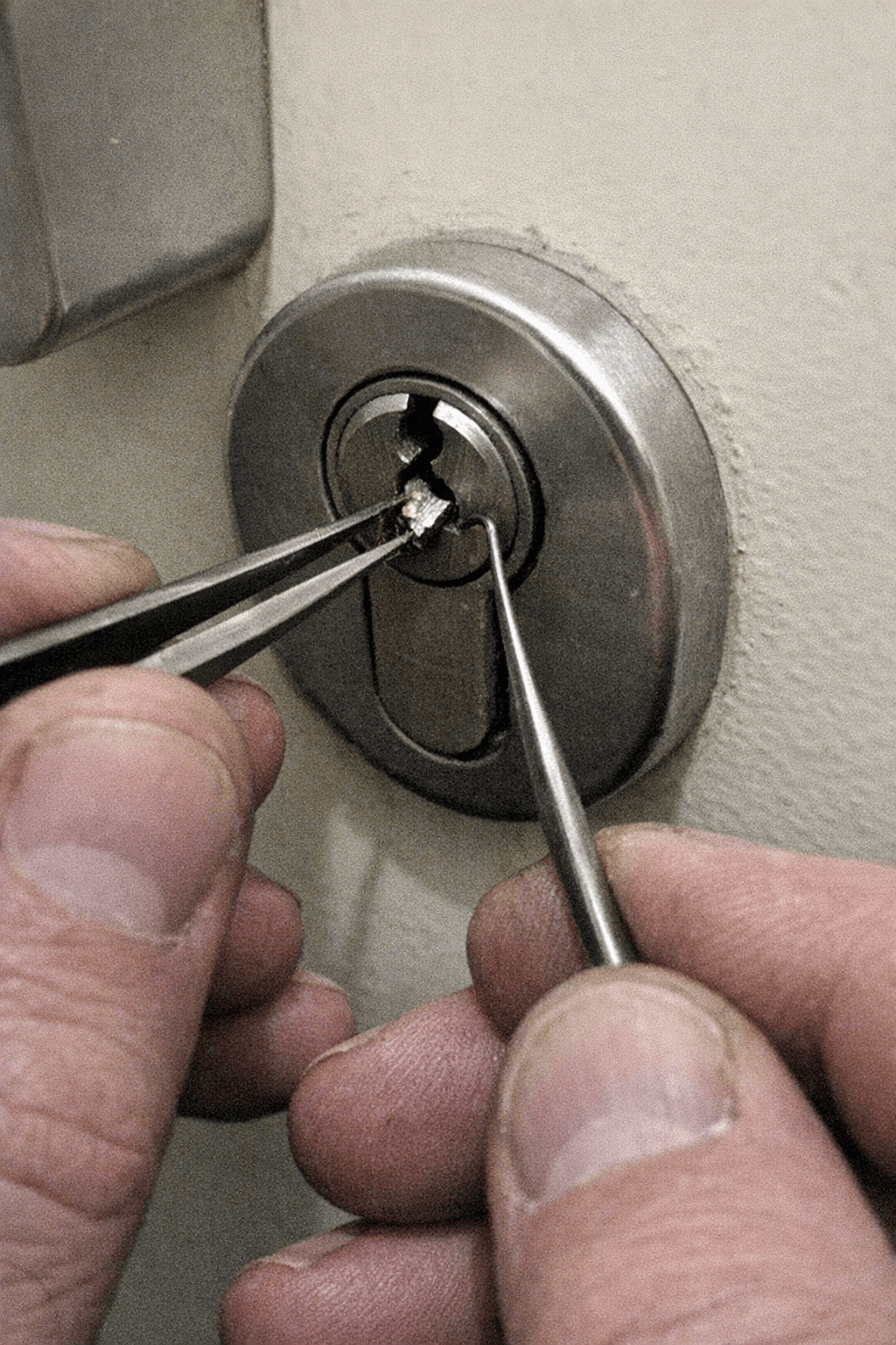 Techniker hält ein Schlüsselfragment mit einer feinen Zange vor einem ausgebauten Zylinder
