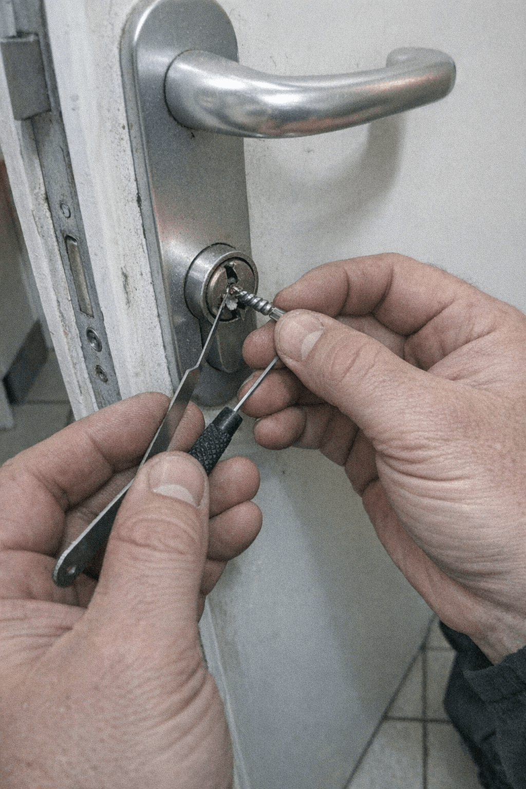 Nahaufnahme einer Wohnungstür, während ein Techniker mit feinem Werkzeug am Türspalt arbeitet