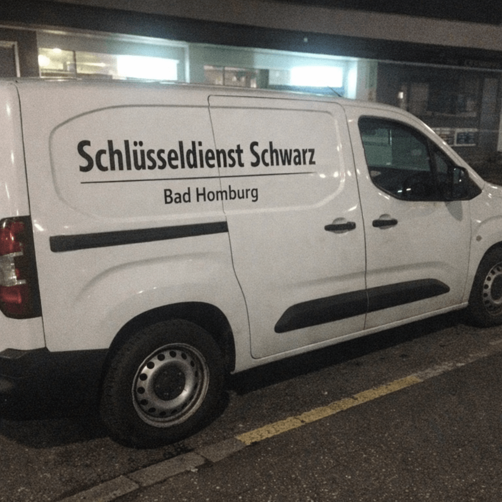 Ein Monteur von Schlüsseldienst Friedrichsdorf steht neben einem Servicefahrzeug und prüft Werkzeugkoffer vor einem Mehrfamilienhaus